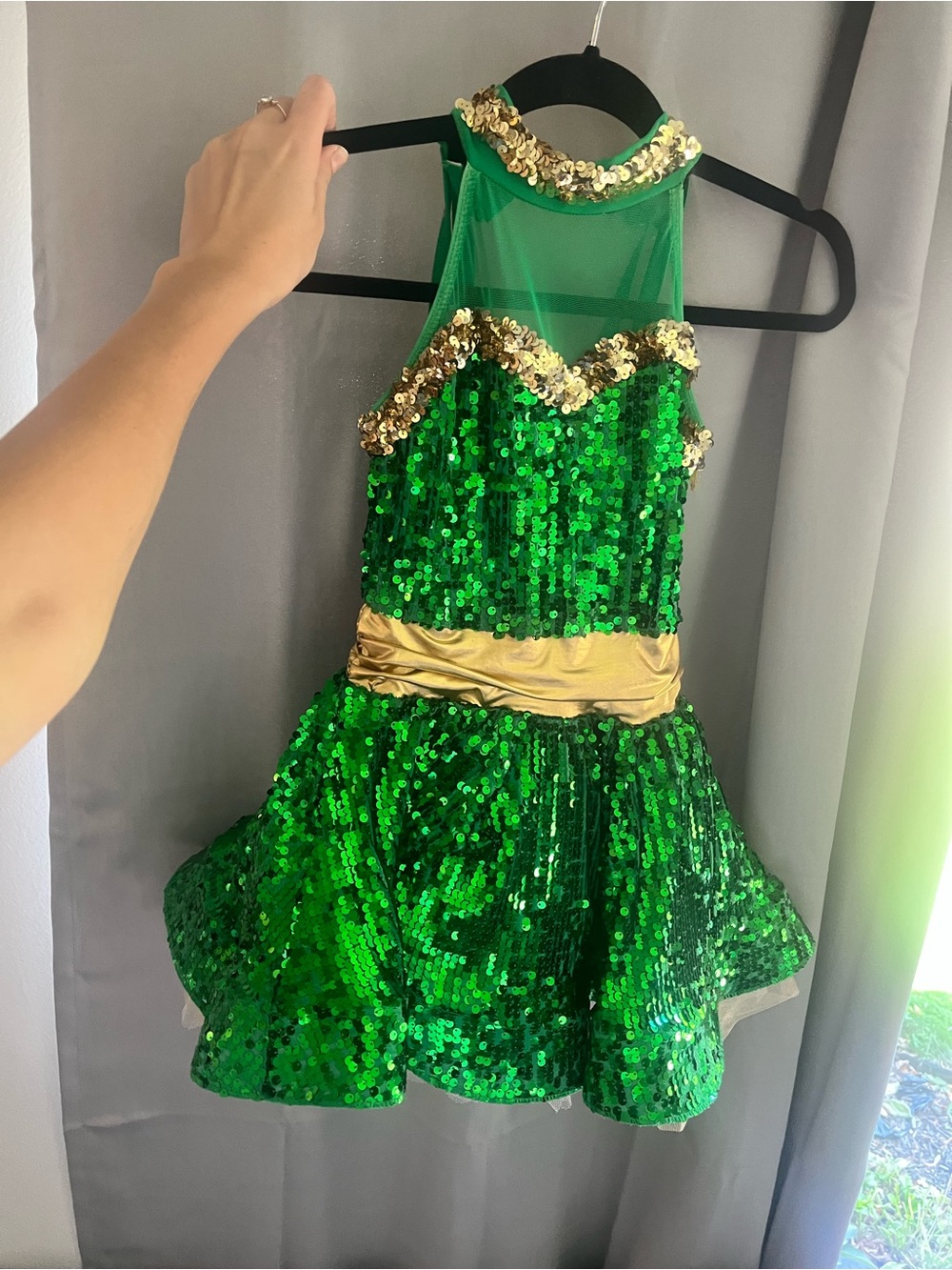 Weissman Green Sequin Dance Costume with Gold Trim